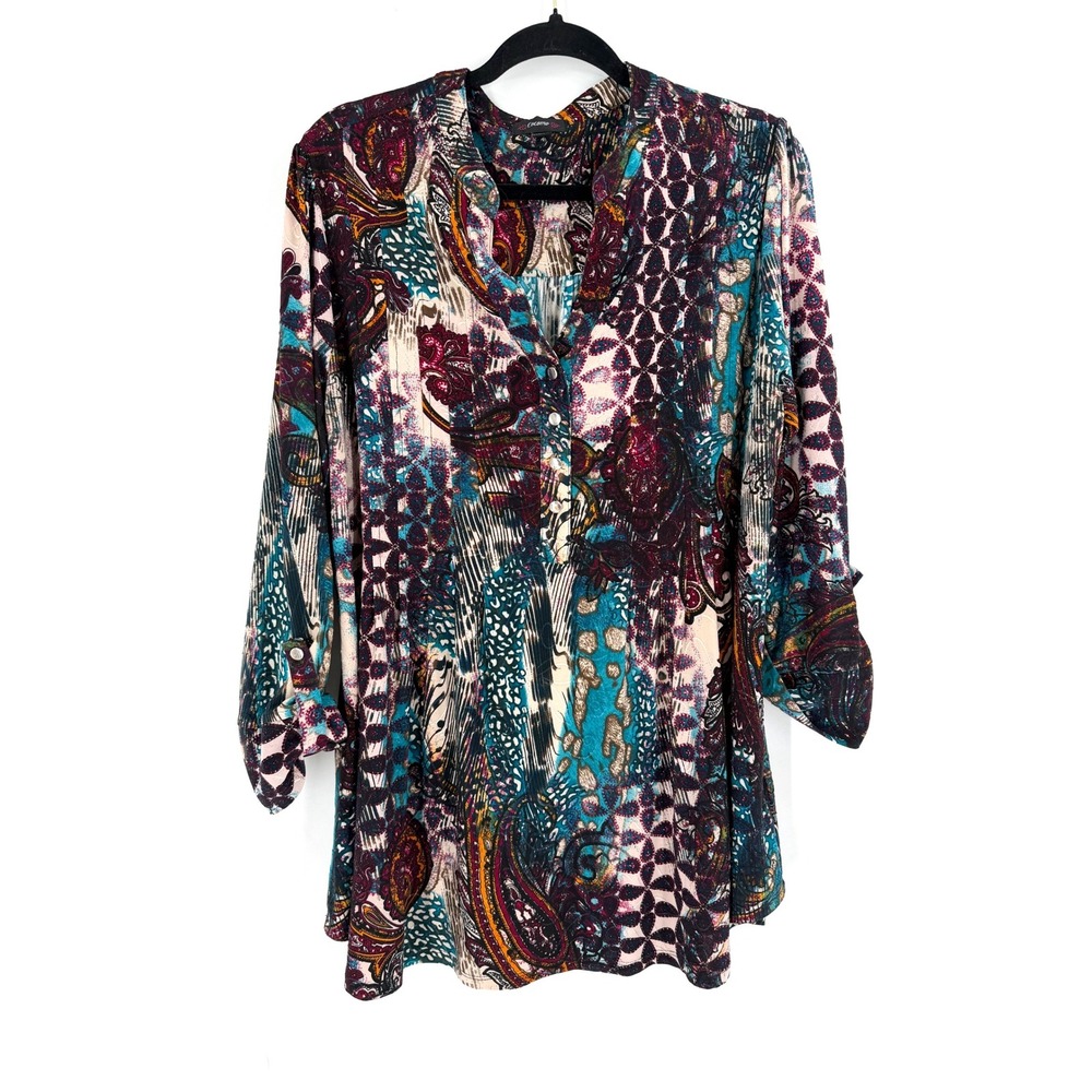 Cocomo Tunic Top Women 1X  Paisley Roll Tab Sleeve Boho Eclectic Blouse